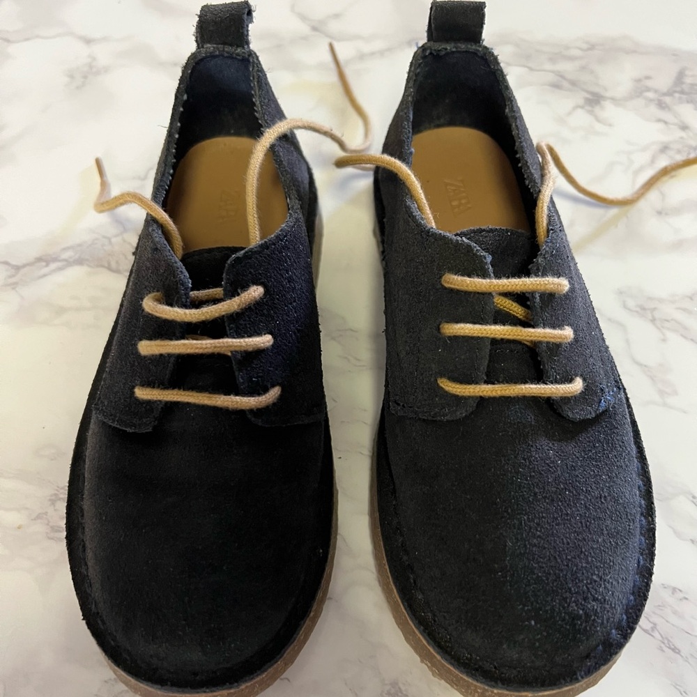 Zara Toddler Boy Navy Blue Suede Dress Shoes with Tan Laces Size 10